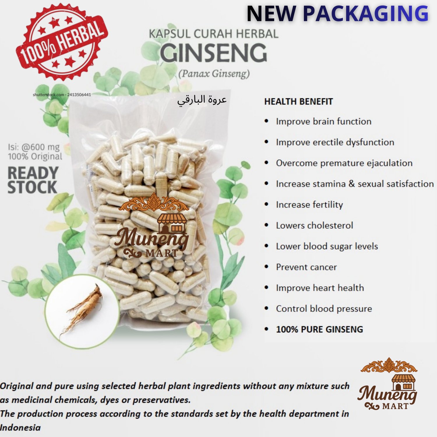 100 Capsules Ginseng 600mg Bone Blood Lungs Brain Stamina Sexual Health Immunity NO CHEMICAL