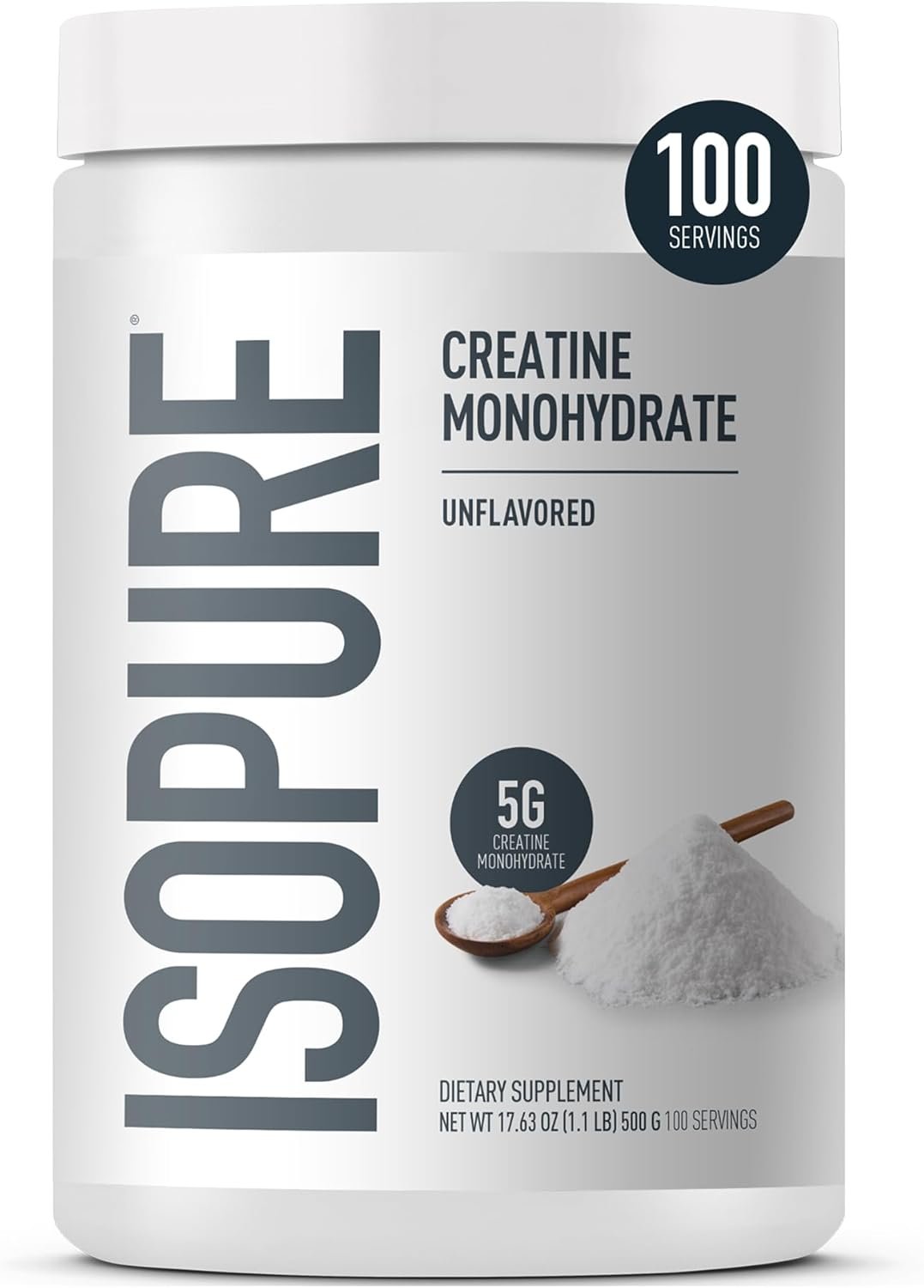 Isopure 100% Pure Creatine Monohydrate Powder, Sugar Free, Unflavored, 5g Creatine