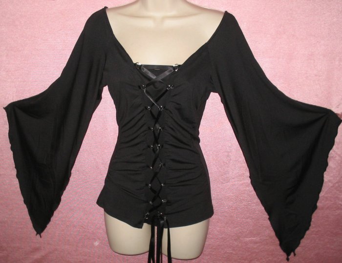 Midnight Black Ribbon Lace Up Corset Shirt Top Gothic Vampire ...