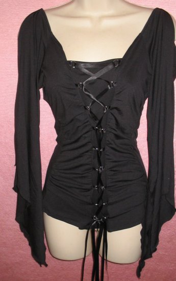 Midnight Black Ribbon Lace Up Corset Shirt Top Gothic Vampire ...