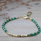 Green Onyx and Metal Beaded bracelet, Handcrafted brass gold plated jewelry 6.5"
