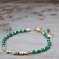Green Onyx and Metal Beaded bracelet, Handcrafted brass gold plated jewelry 6.5"
