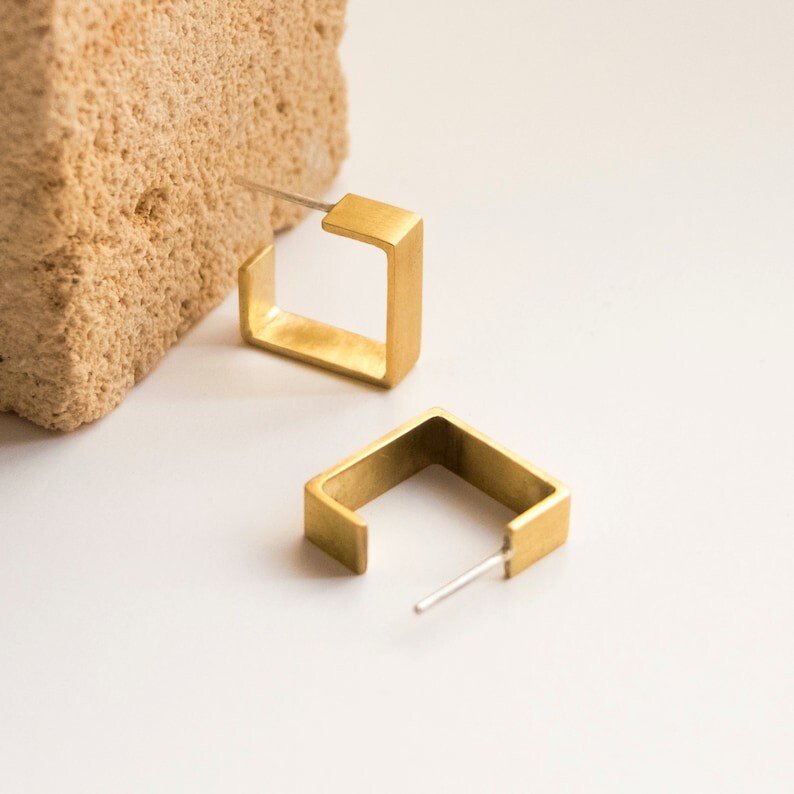 Square Geometric Brass Earring,  22k gold plated Earring for women 35mm