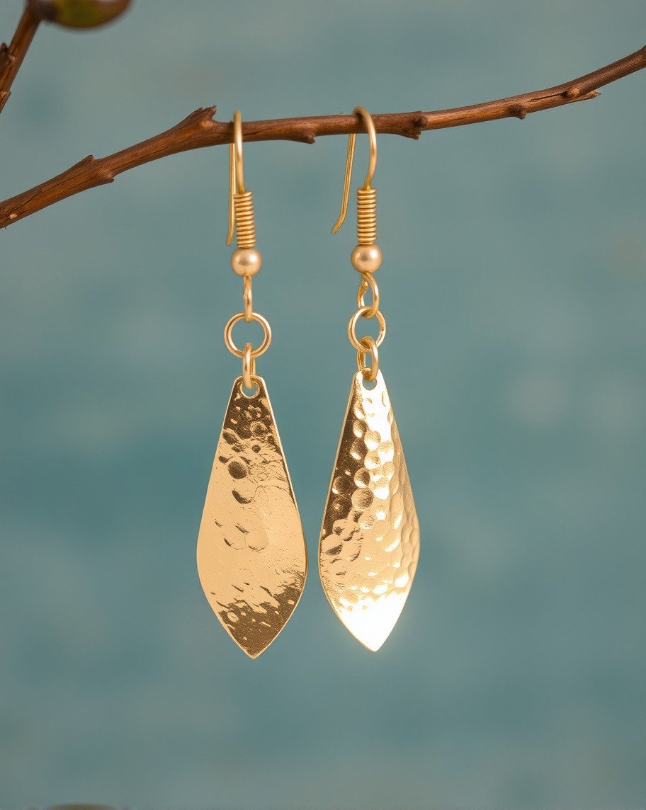 Hammered Leaf shape dangle earring, Brass gold plated, Wholesale jewelry
