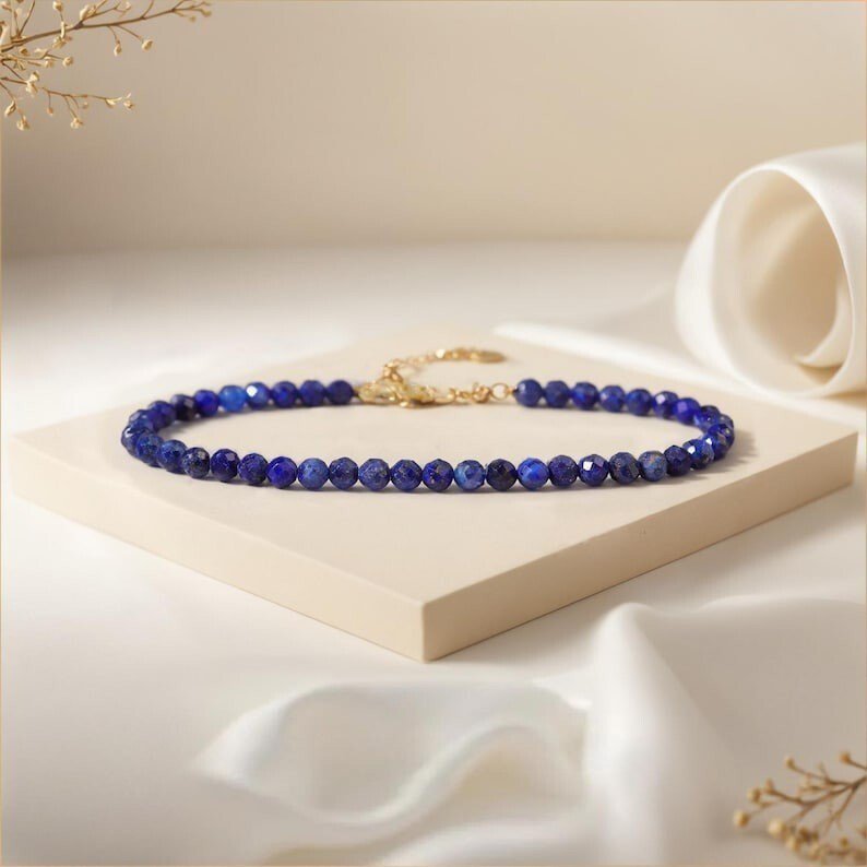 Natural Lapis Beaded Bracelet, 925 Silver 22k gold plated Elegant bracelet women