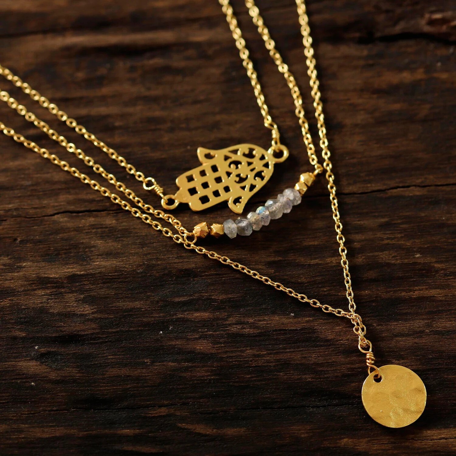 Three Layer 925 Silver Necklace, disc, hamsa charm, and Labradorite stone 20+2"