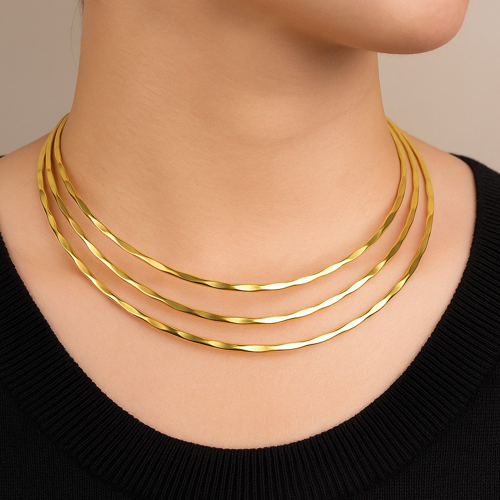 Brass 22k gold plated Three Line Layer Hasli/Choker Necklace for women