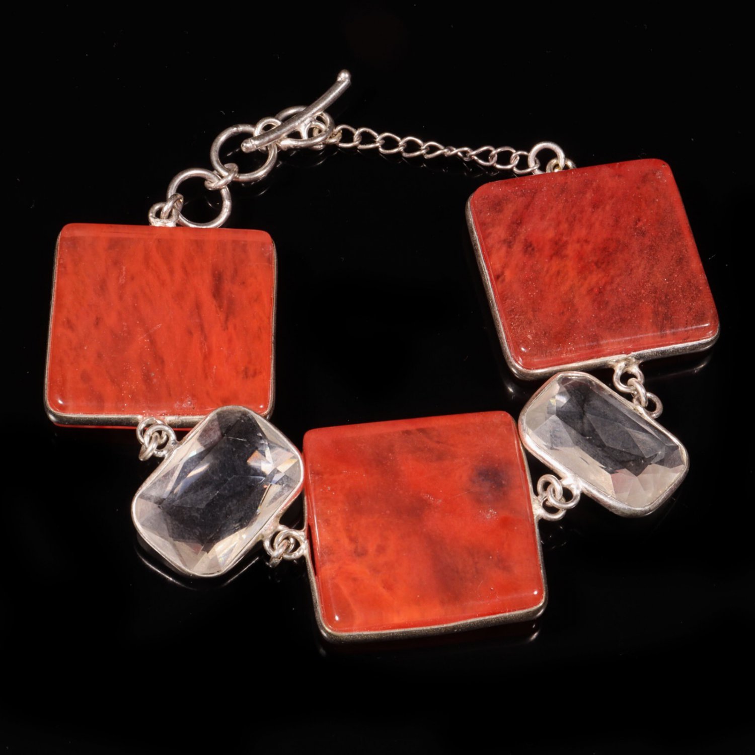 Red Agate and Crystal gemstone bracelet, Brass silver plated bracelet, 7inch