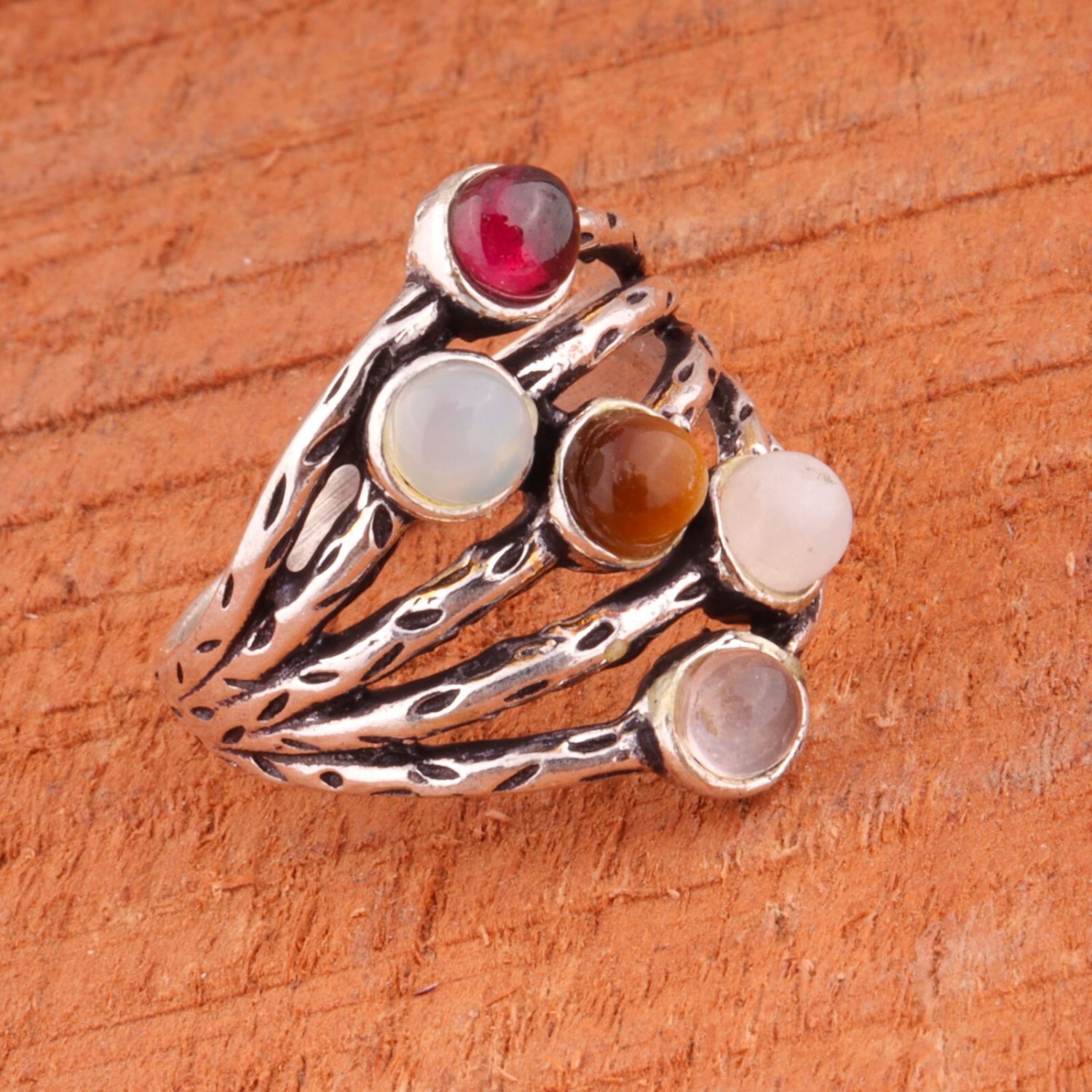 Natural Multi gemstone ring for women, Brass silver plated ring,Handmade jewelry