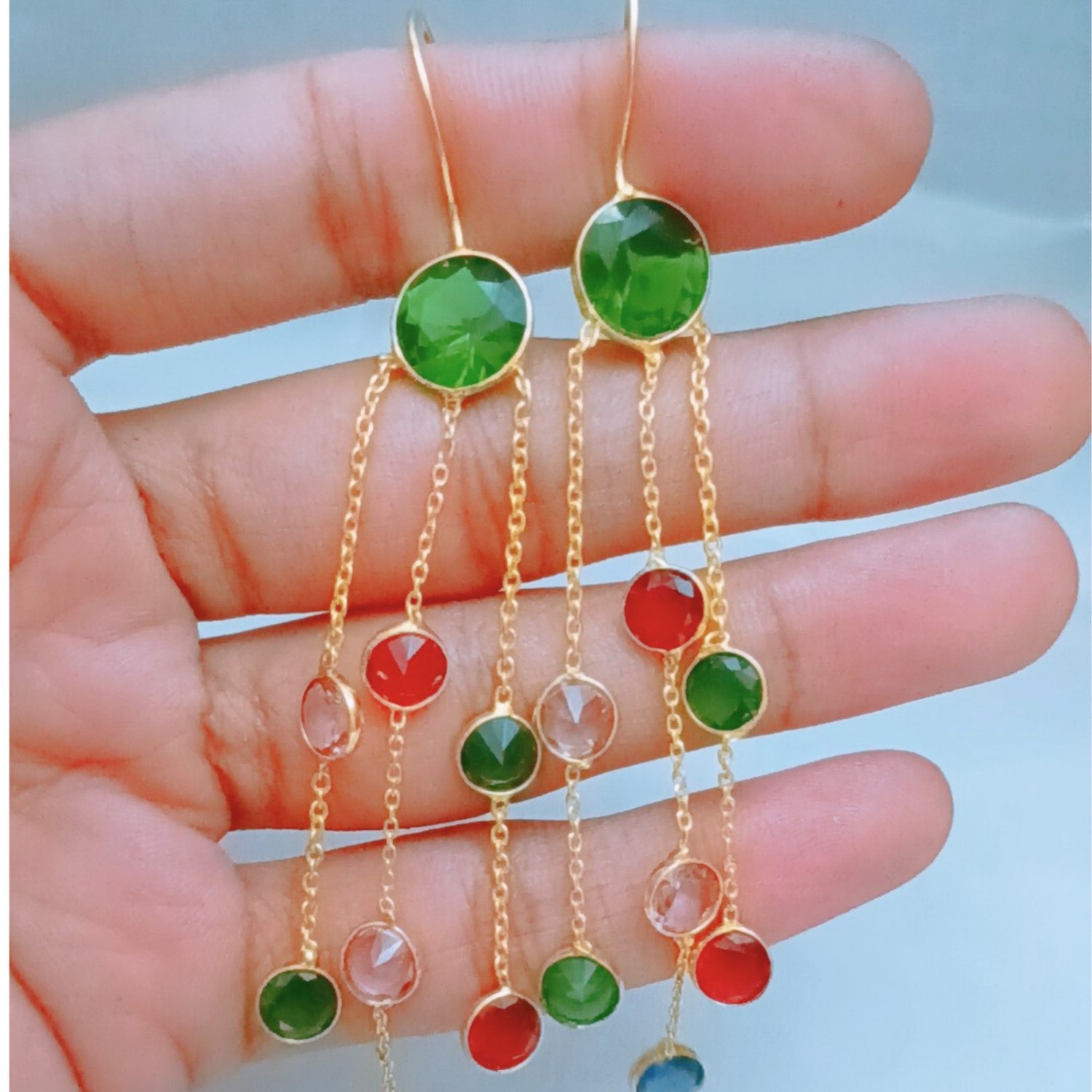 Colourful Zirconia stone dangle earring, Handcrafted Brass 22k gold plated