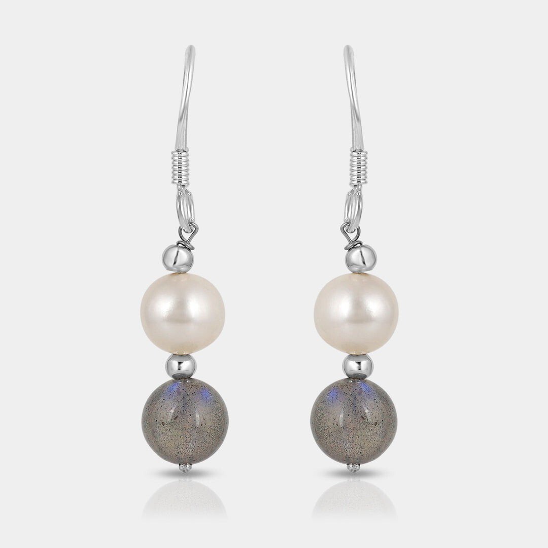 Natural Labradorite and Pearl gemstone dangle earring 925 Sterling silver