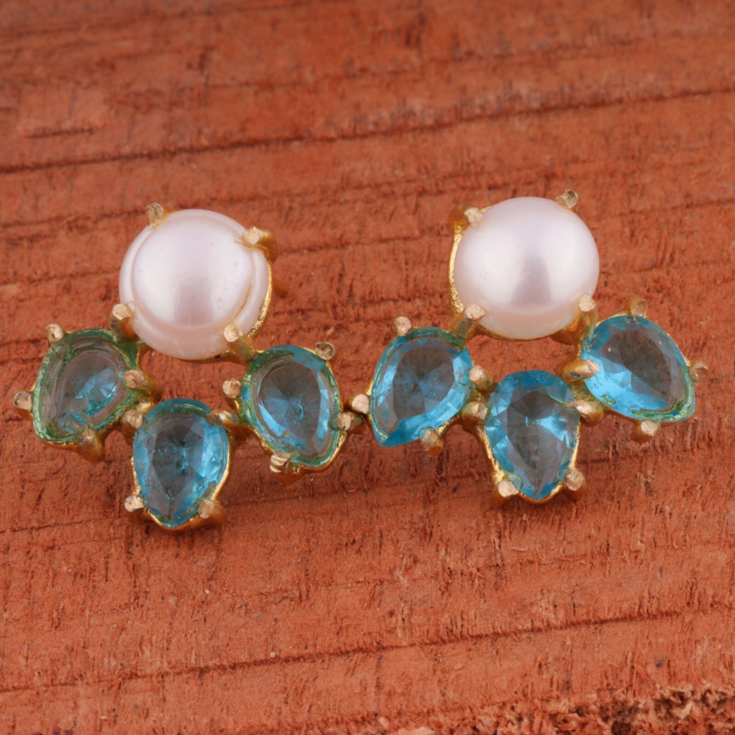 Blue Crystal and pearl Stud earring for women, Brass gold plated earring