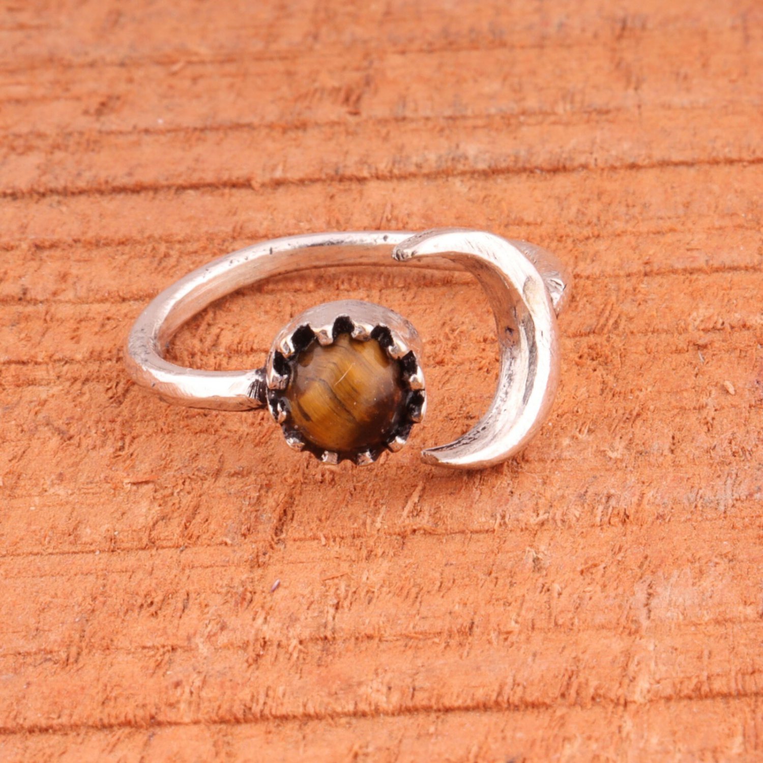 Natural Tiger Eye gemstone Ring, Brass silver plated Adjustable Ring for women
