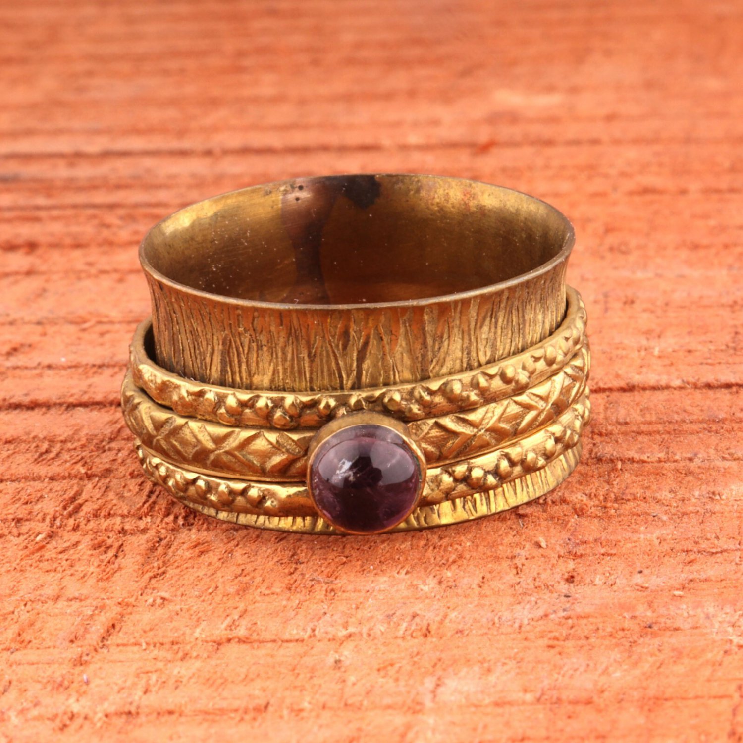Natural Amethyst gemstone spinner ring band for men-women, Brass ring