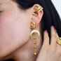 Crescent Moon Drop Earrings in 22K Gold-Plated Brass with Enamel Detailing– 3.1"