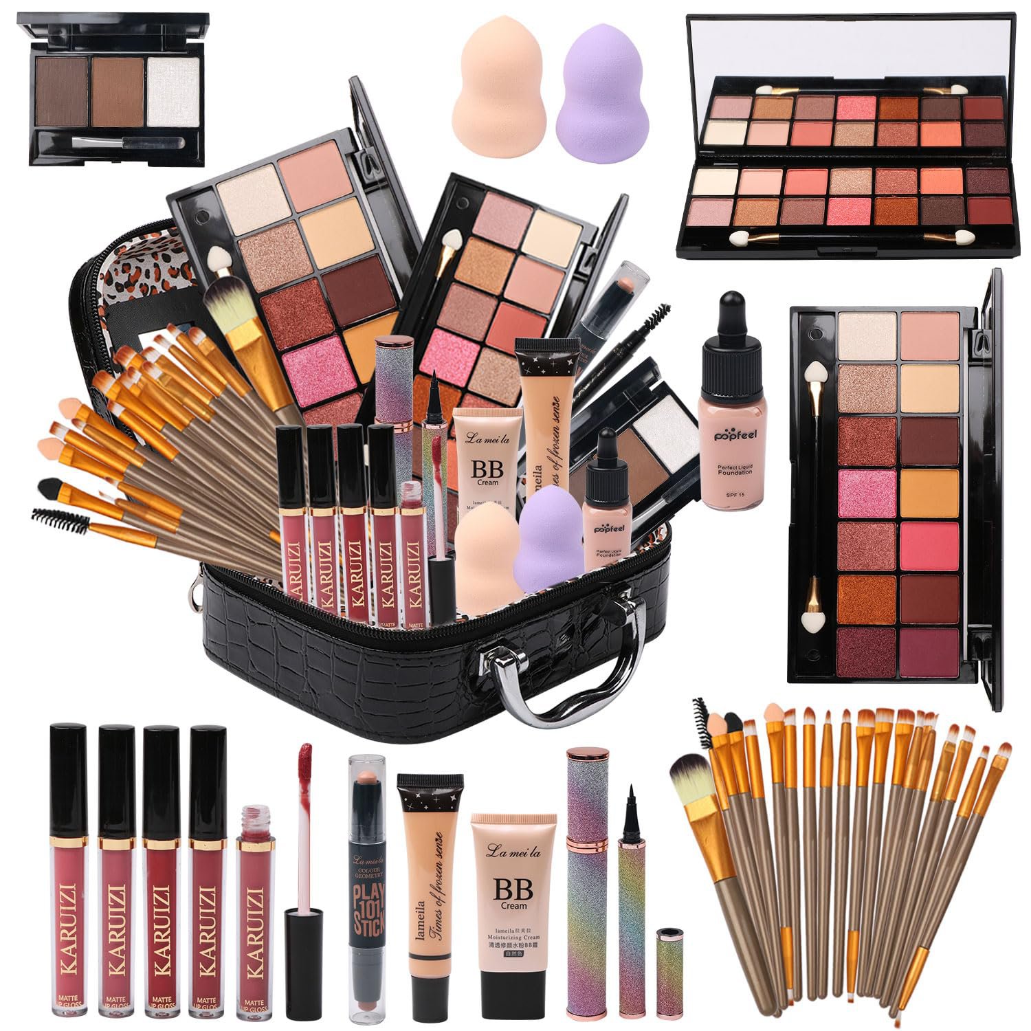 All in One Makeup Kit - 2X14 Eyeshadow Palette, Liquid Foundation, Eyeliner Pencils