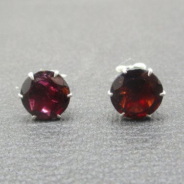 Real Garnet Earrings~.925 Sterling Silver Setting Round Shape Genuine Gemstone