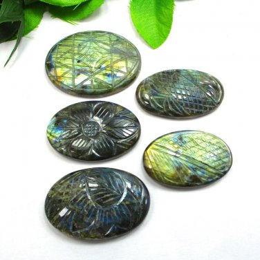 Carving Blue Fire Labradorite Oval Shape Gemstone 5 PCS LOT