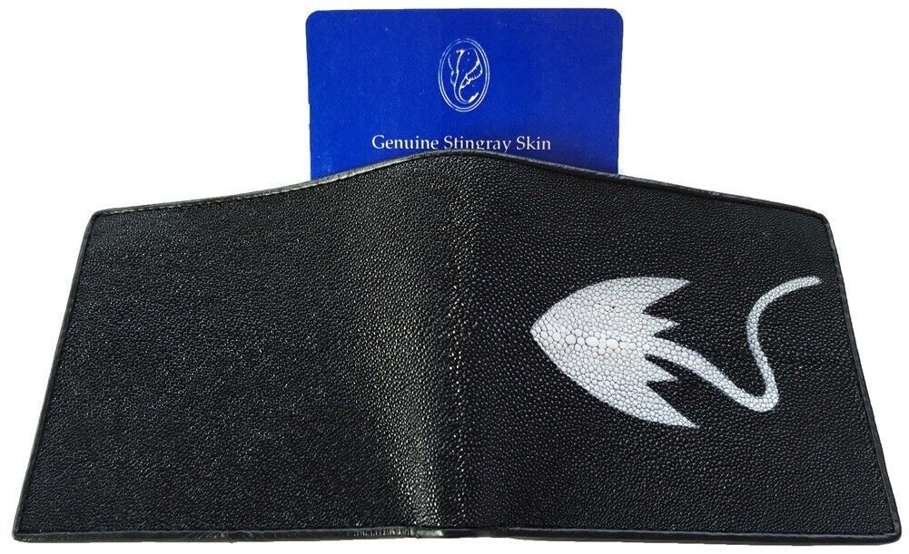 Genuine Real Stingray Skin Leather Man Bifold Black Wallet Exsooti