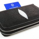 Genuine Real Stingray Skin Leather Double Zip Around Clutch Long Black Wallet