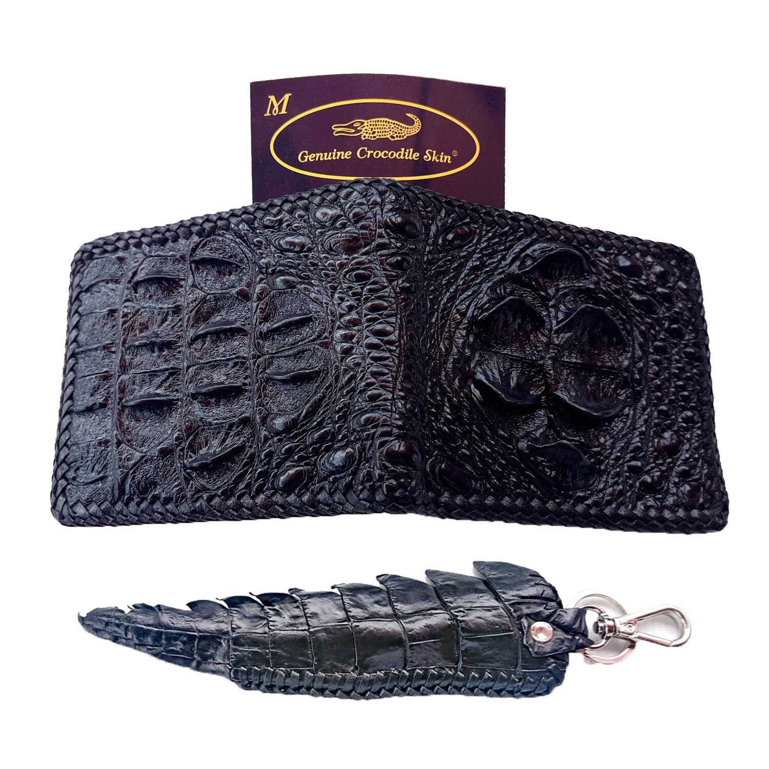 Genuine Real Horn back Crocodile Alligator Skin Leather Man Bifold Black Wallet Woven