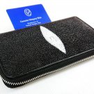 Genuine Real Stingray Skin Leather Zip Around Clutch Long Purse Black Wallet