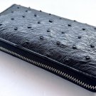 Genuine Ostrich Skin Leather Zip Around Clutch Black Wallet