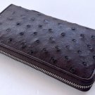 Genuine Ostrich Skin Leather Zip Around Clutch Dark Brown Wallet