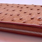 Genuine Ostrich Skin Leather Zip Around Clutch Golden Tan Wallet