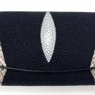 Genuine Real Snake Stingray Skin Leather Trifold Clutch Black Wallet