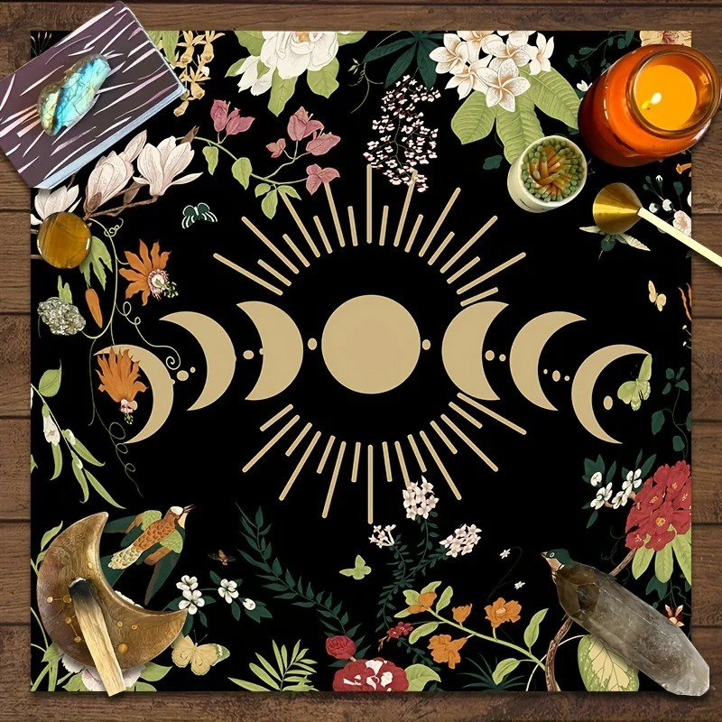 Lunar Phase Floral Altar Cloth  Tarot Reading Mat & Astrology-Themed Event Tablecloth