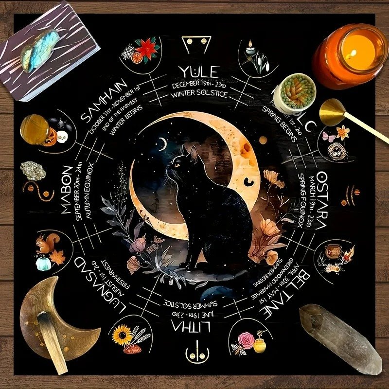 Mysterious Witch Cat Tarot Tablecloth | Altar Cloth & Party Game Decoration