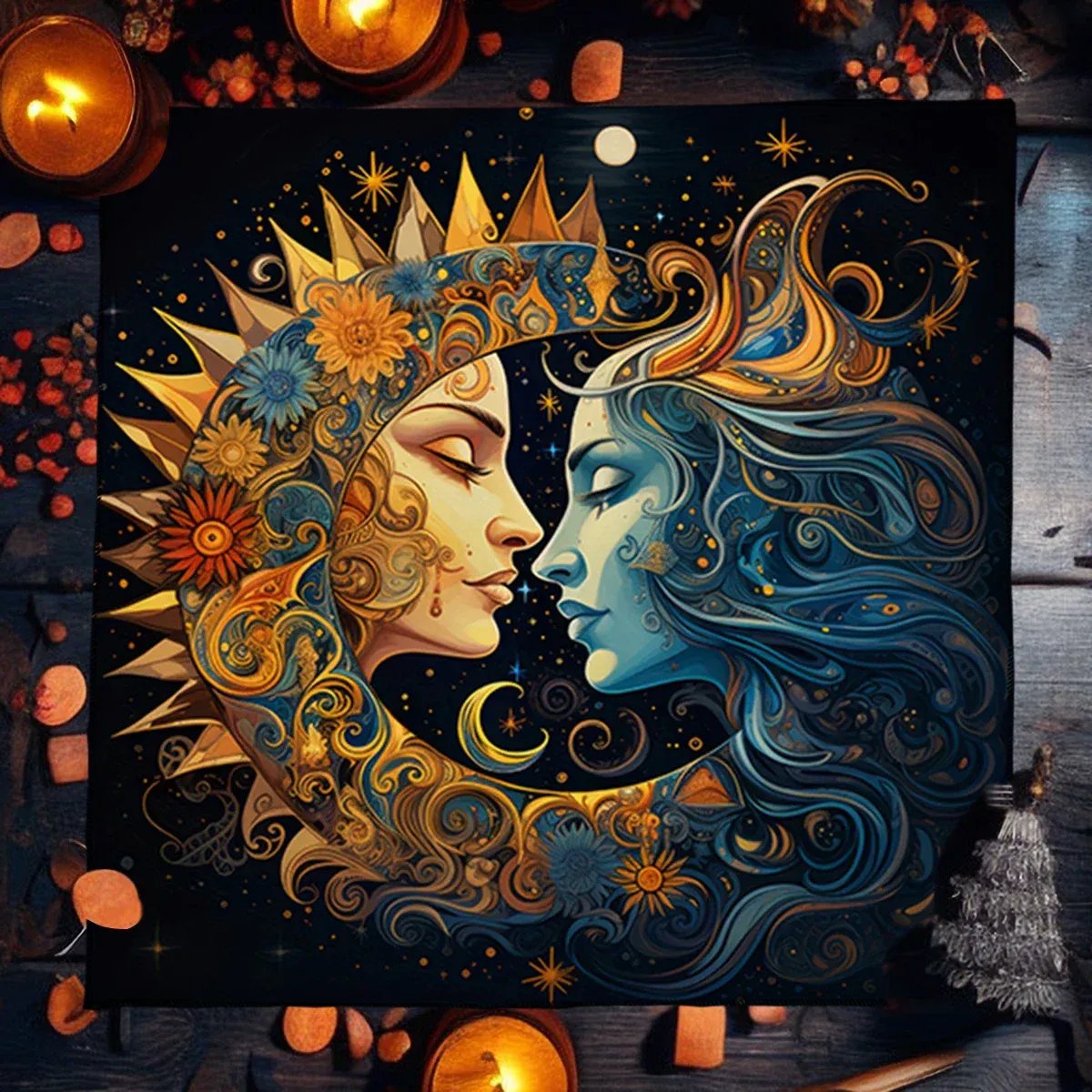 Mystical Sun & Moon Phoenix Tarot Tablecloth &acirc;�� Ice and Fire Phoenix Altar Cloth