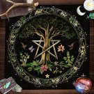 Pentagram Flowers & Moon Tree of Life Tarot Tablecloth – Pagan Starry Sky Altar Decor