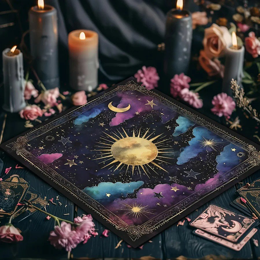 VIKAMA Astrology Crystal Tablecloth &acirc;�� Black & Gold Sun, Moon, Star
