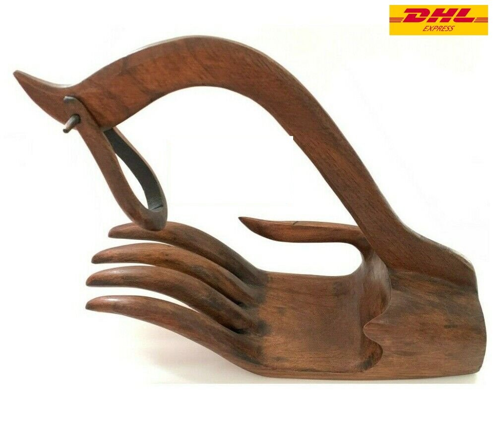 Thai Tabletop Wine Bottle Holder Hand Shape Wood Carved Walnut Handma