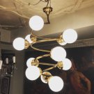 Art Deco Brass Ceiling Fixture 12 Light Milk Glass Shade Vintage Hanging Lamp