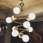 Art Deco Brass Ceiling Fixture 12 Light Milk Glass Shade Vintage Hanging Lamp