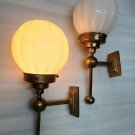 Pair Vintage Art Deco Brass Wall Sconces with Ribbed Milk Glass Shades Hallway