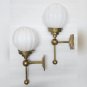 Pair Vintage Art Deco Brass Wall Sconces with Ribbed Milk Glass Shades Hallway