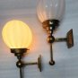 Pair Vintage Art Deco Brass Wall Sconces with Ribbed Milk Glass Shades Hallway