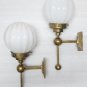 Pair Vintage Art Deco Brass Wall Sconces with Ribbed Milk Glass Shades Hallway