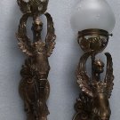 Victorian Antique Brass Lion Mermaid Wall Sconces Pair | Glass Lamp Lights