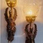 Pair Vintage Art Nouveau Brass Mermaid Lion Wall Sconces with Glass Globes