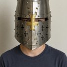 Medieval Crusader Great Helm Full Steel Knight Helmet with Brass Cross