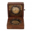 Vintage Table Watch Antique Design Wooden Desk Compass Brass Brown Clock GIFT