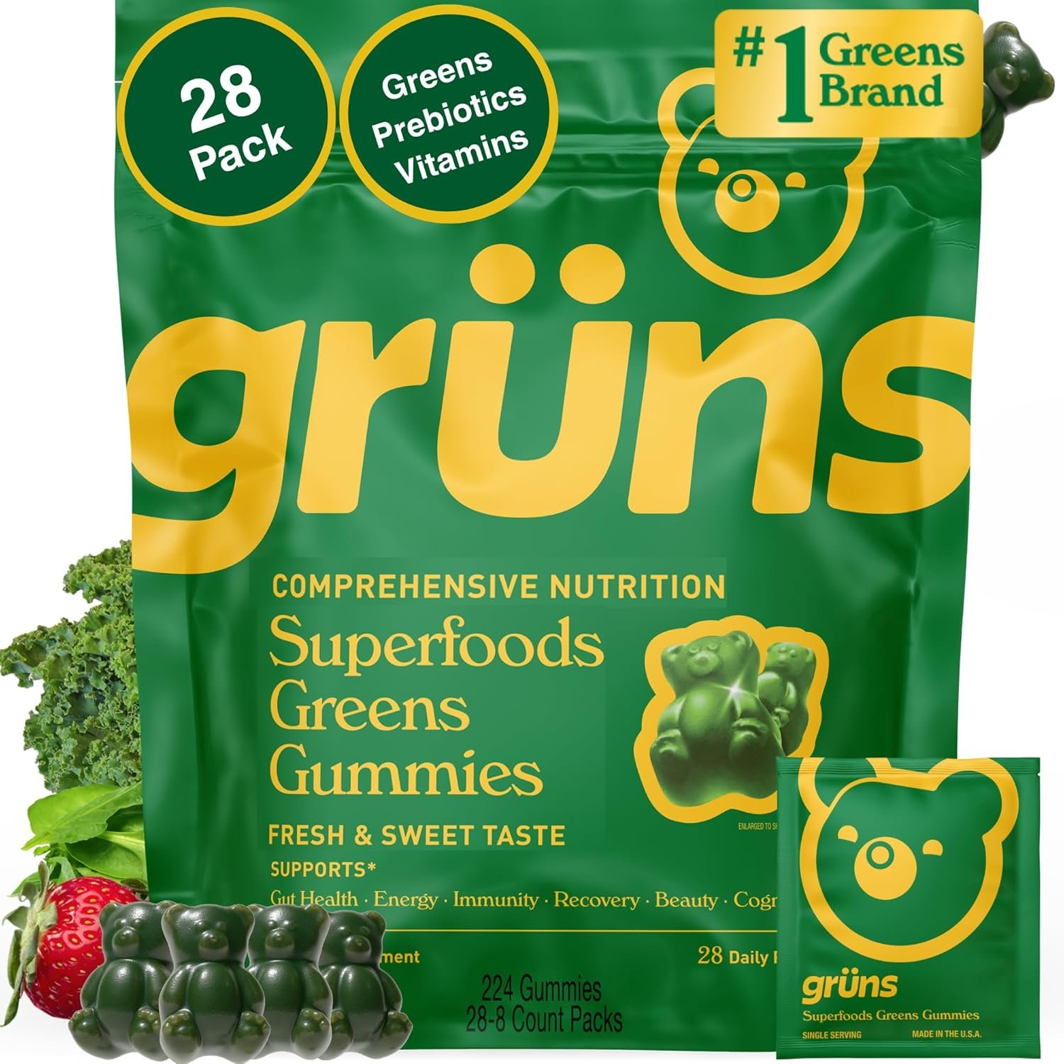 Gruns Adults Super Greens Multivitamin Gummies, Superfood Vitamin