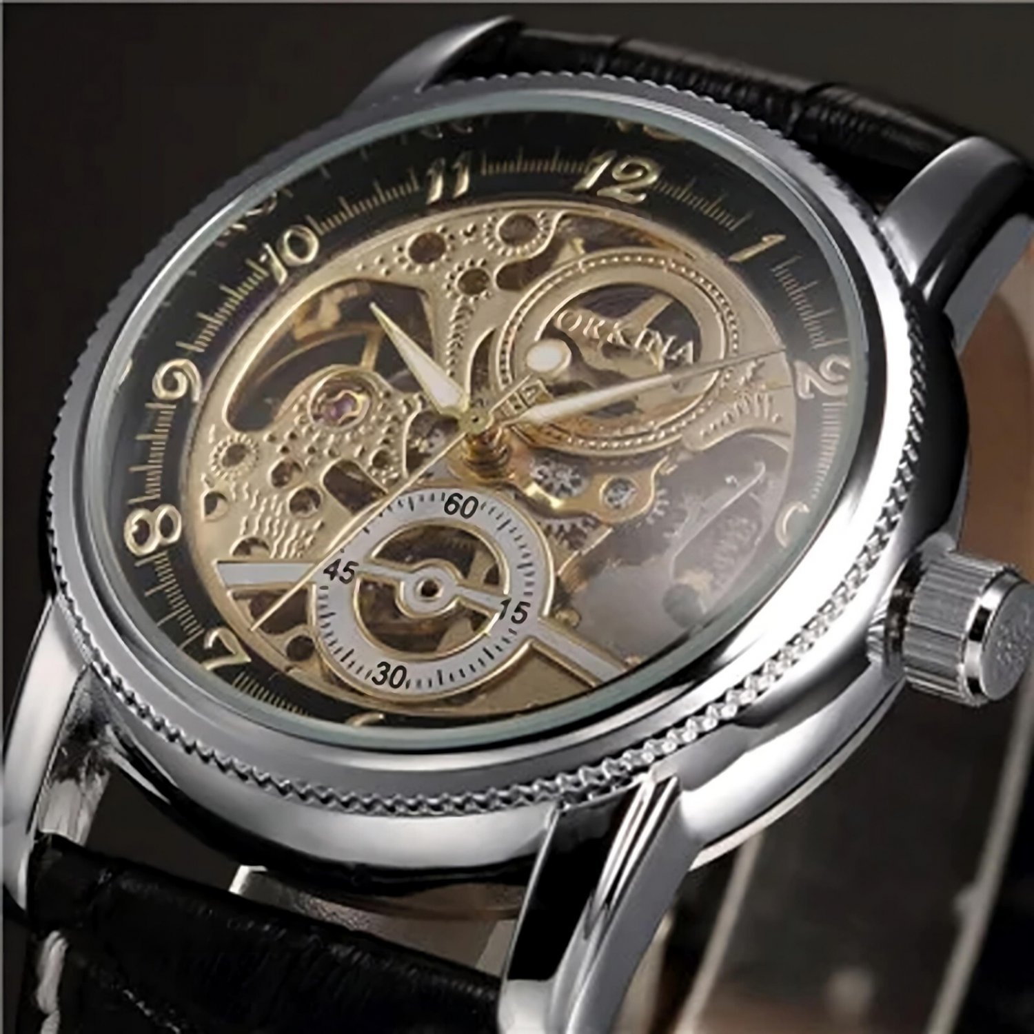 Relojes de pulsera para hombre dorados mec&Atilde;&iexcl;nicos autom&Atilde;&iexcl;ticos de cuero resistente