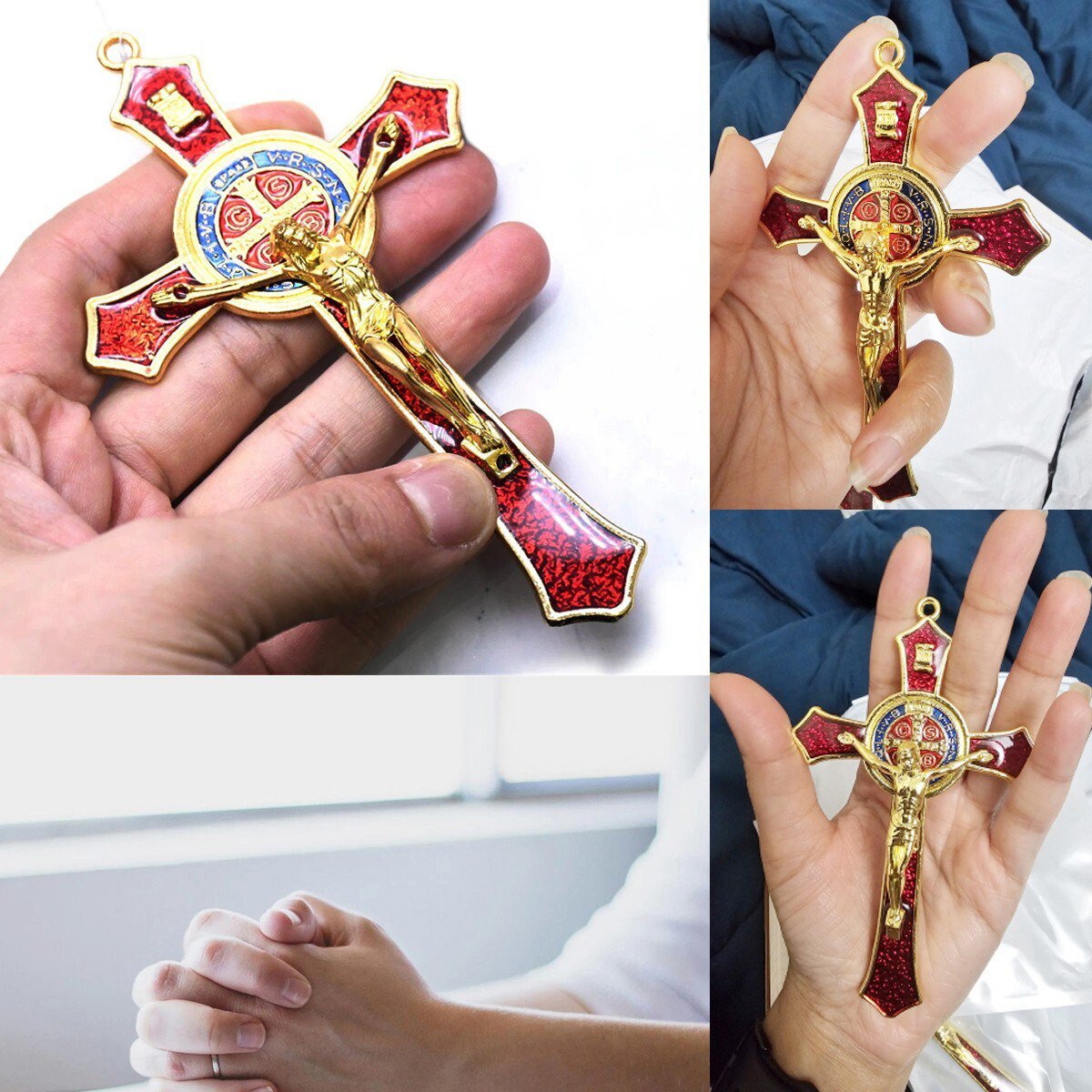 St Benedict Cross 4" Pendant Necklace Catholic Saint Jesus Crucifix Red Enamel