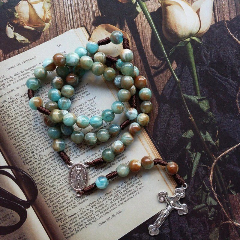 Blessed Catholic Rosary Necklace Pendant Oval Beads Crucifix Christian Jesus